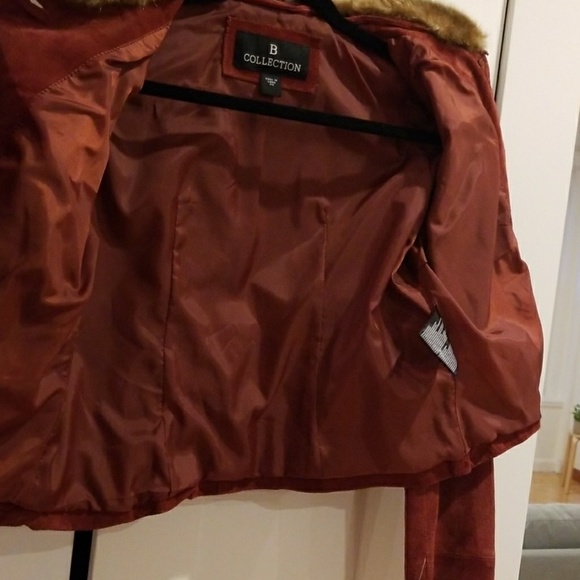 Vintage Brick Red Suede Faux Fur Collar Jacket Coat Burgundy Cropped New Unworn - Picture 3 of 8